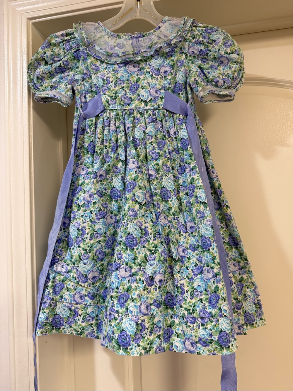 Vintage Girls Blue Floral Rose Dress Puff Sleeves Ruffle Collar Cottagecore